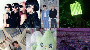 Kolase foto budaya Kpop: idol dengan fashion ikonik, airport fashion, lightstick, merchandise album, boneka, dan pemandangan konser penuh lightstick ocean.